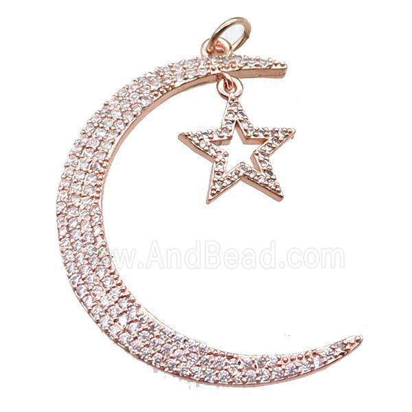 copper moon star pendant paved zircon, rose gold