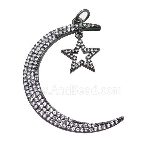 copper moon star pendant paved zircon, black gunmetal plated