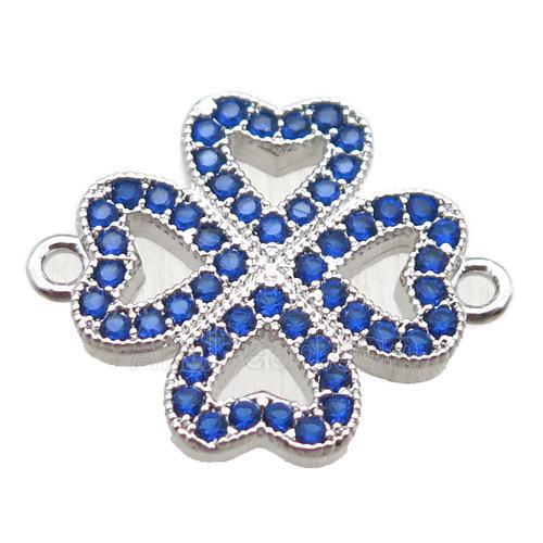 copper clover connector paved zircon, platinum plated