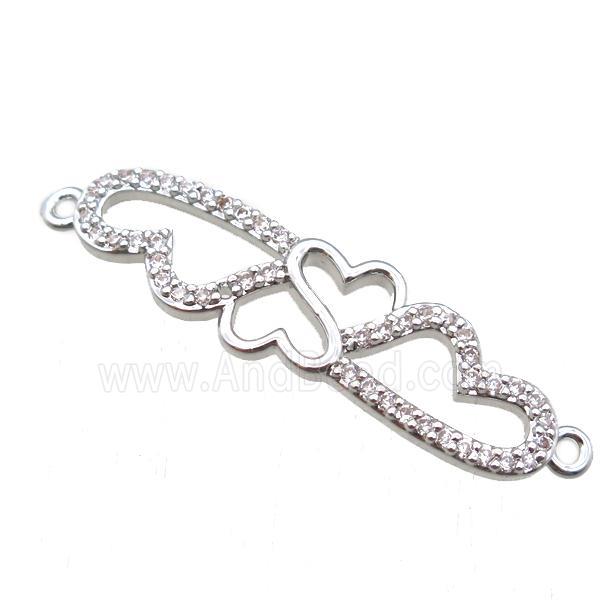 copper heart linker connector paved zircon, platinum plated