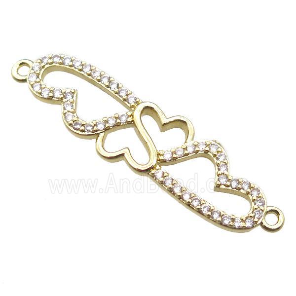 copper heart linker connector paved zircon, gold plated