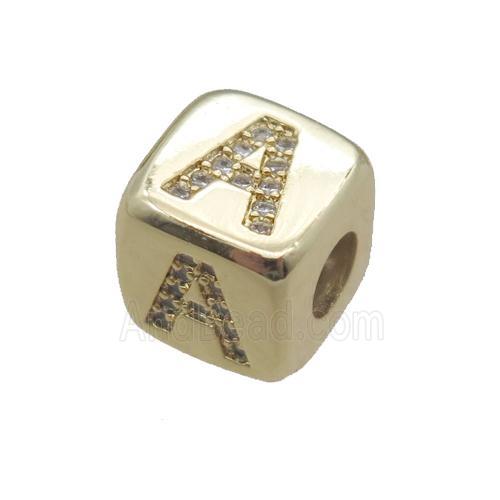 copper letter-A beads paved zircon, cube, gold plated
