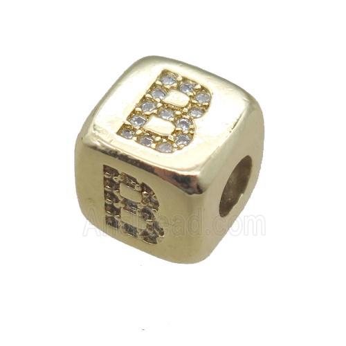 copper letter-B beads paved zircon, cube, gold plated
