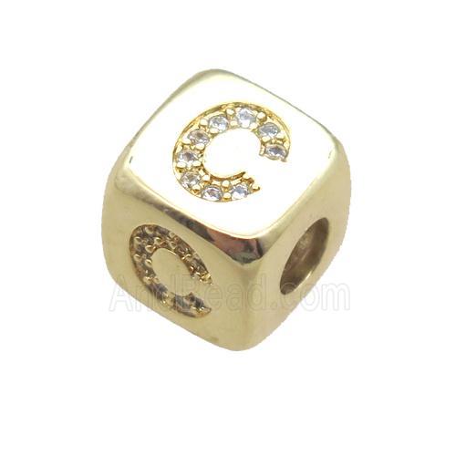 copper letter-C beads paved zircon, cube, gold plated