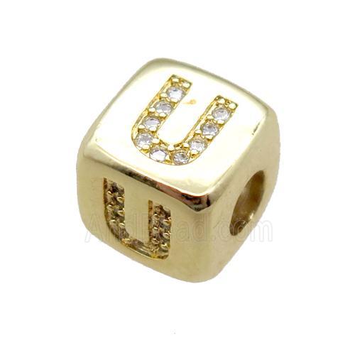 copper letter-U beads paved zircon, cube, gold plated