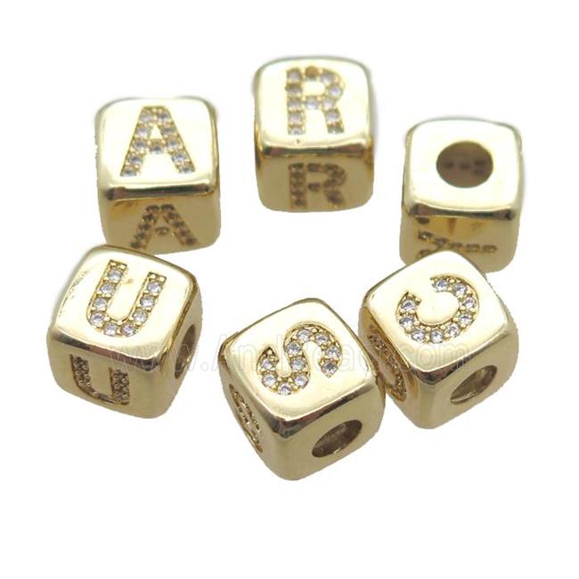 copper letter beads paved zircon, cube, mixed alphabet, large hole, gold plated