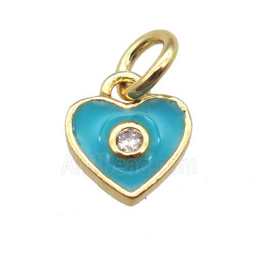 copper heart pendant paved zircon, aqua enameling, gold plated