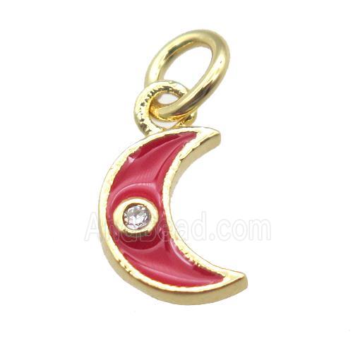 copper moon pendant paved zircon, red enameling, gold plated