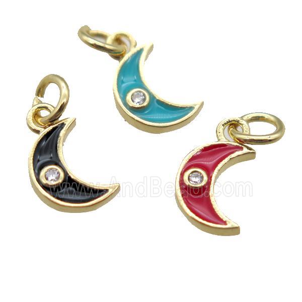 copper moon pendant paved zircon, mixed enameling, gold plated