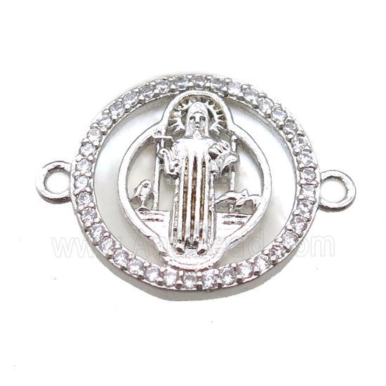 copper circle connector paved zircon, Jesus, platinum plated