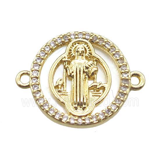 copper circle connector paved zircon, Jesus, gold plated
