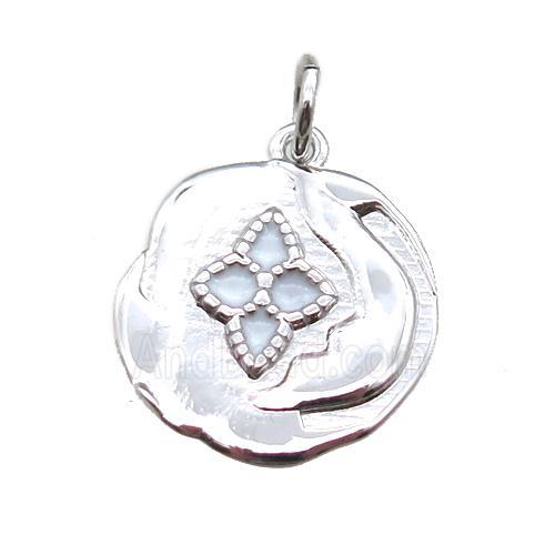 copper flower pendant with enameling, platinum plated