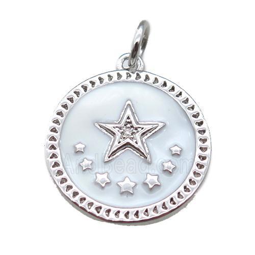 copper circle star pendant, white enameling, platinum plated