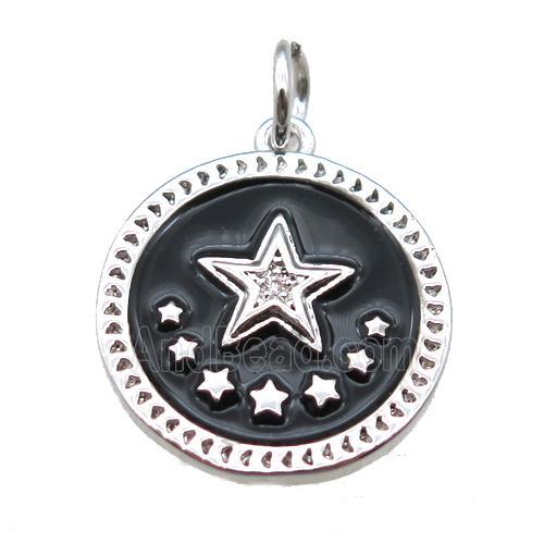 copper circle star pendant, black enameling, platinum plated