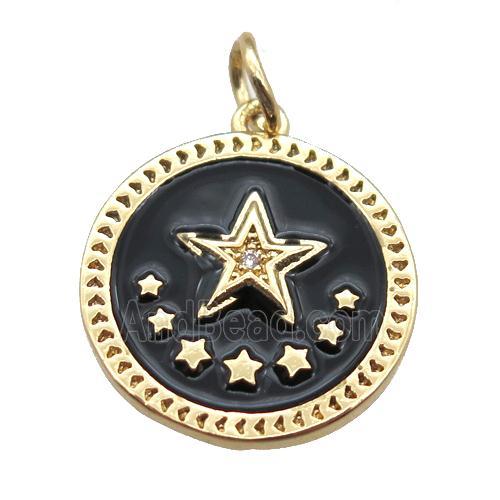 copper circle star pendant, black enameling, gold plated