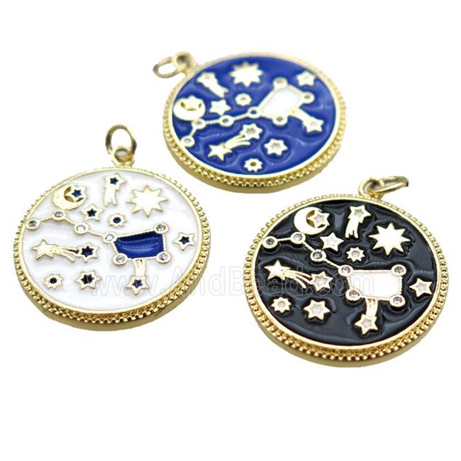 copper circle pendant with enameling, mixed, gold plated
