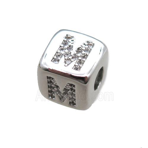 copper letter-M beads paved zircon, cube, platinum plated
