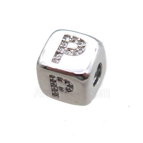 copper letter-P beads paved zircon, cube, platinum plated