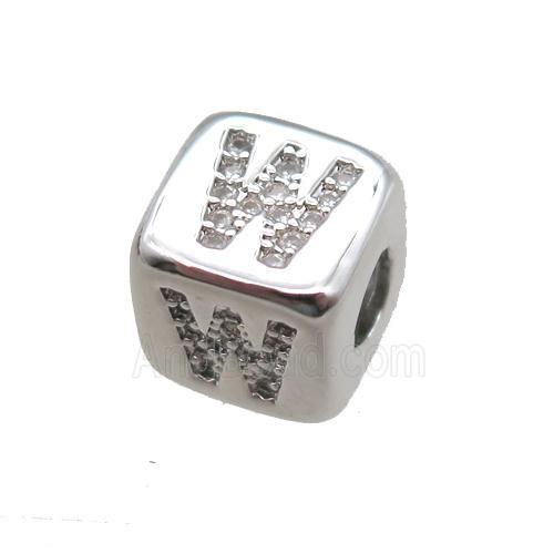 copper letter-W beads paved zircon, cube, platinum plated