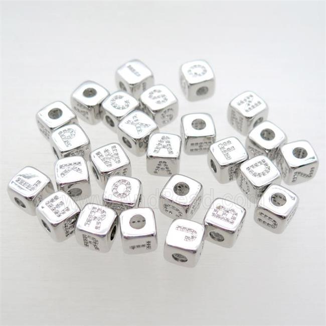 copper letter cube beads paved zircon, large hole, mixed alphabet, platinum plated