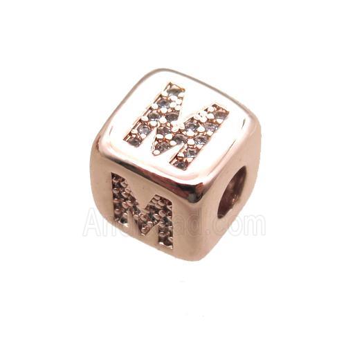 copper letter-M beads paved zircon, cube, rose gold