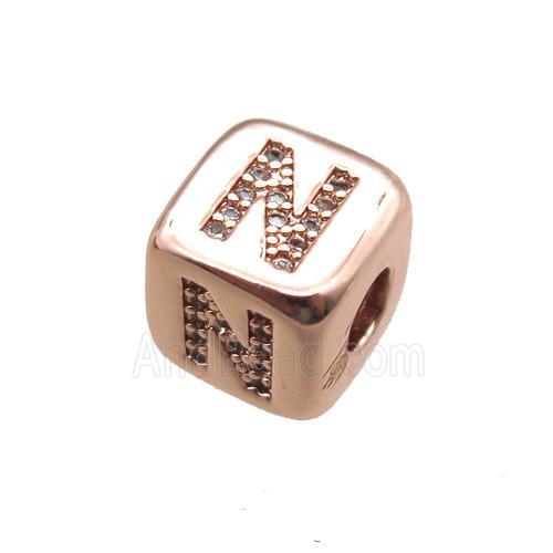 copper letter-N beads paved zircon, cube, rose gold