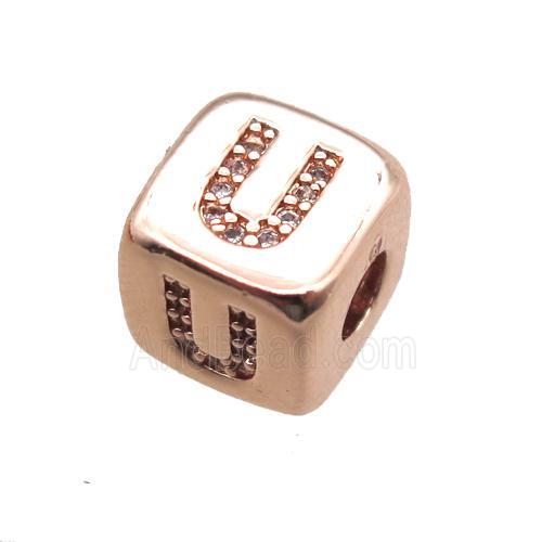copper letter-U beads paved zircon, cube, rose gold