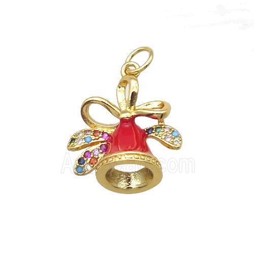 copper Christmas Bell pendant paved zircon, gold plated
