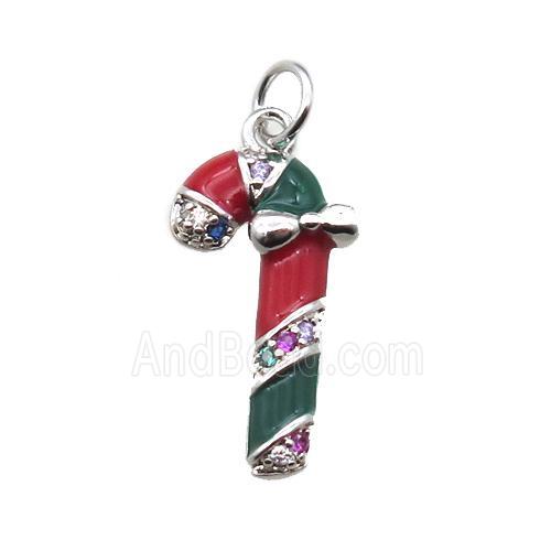 copper Candy Cane pendant paved zircon, platinum plated