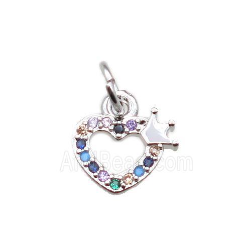 copper crown heart pendant paved zircon, platinum plated