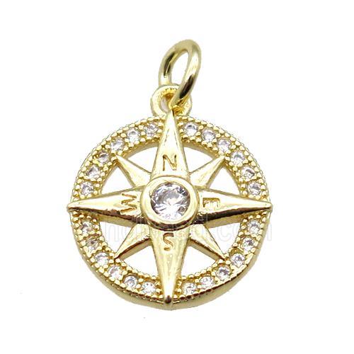 copper Compass pendant paved zircon, gold plated