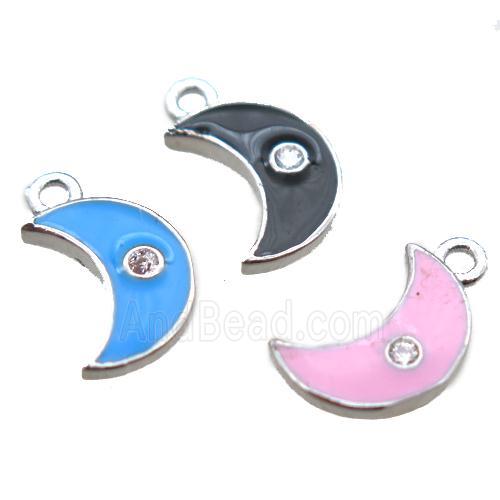 enameling copper moon pendant paved zircon, mixed color, platinum plated
