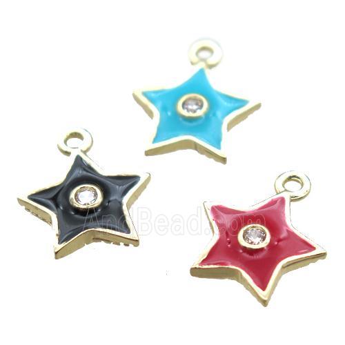enameling copper star pendant paved zircon, mixed color, gold plated