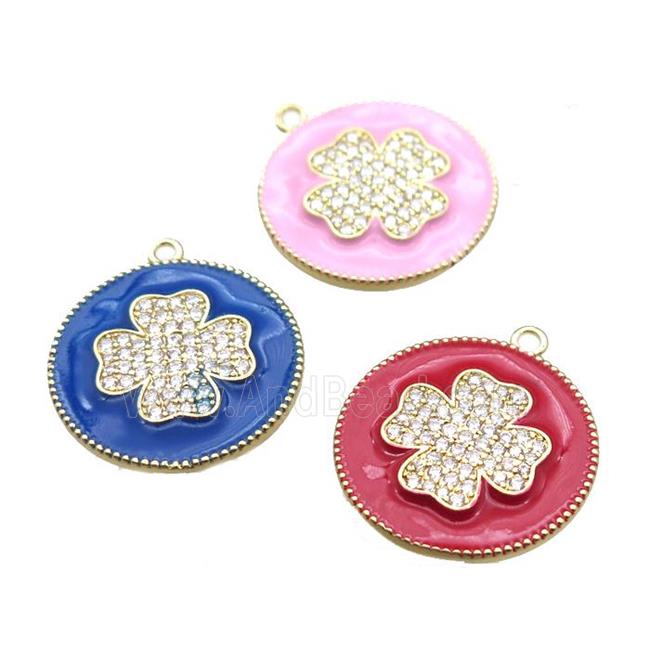 copper clover pendant pave zircon with enameling, mix color, gold plated