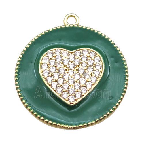 copper heart pendant pave zircon with green enameling, gold plated