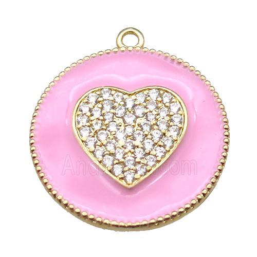 copper heart pendant pave zircon with pink enameling, gold plated