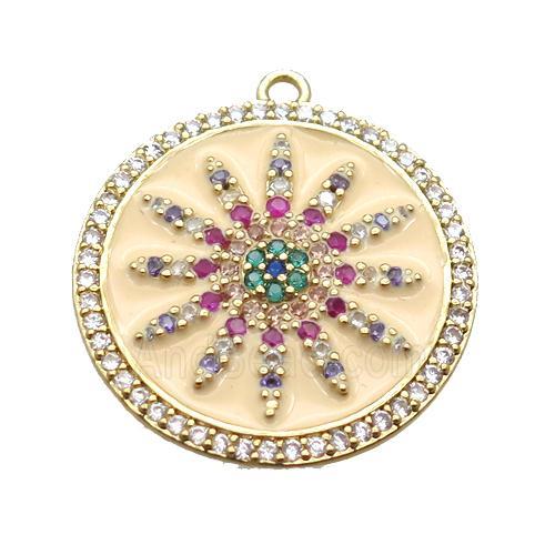 copper sunflower pendant pave zircon with enameling, gold plated