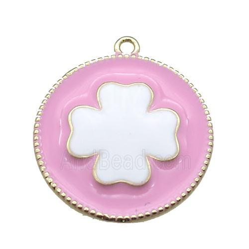 copper clover pendant with pink enameling, gold plated