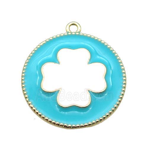 copper clover pendant with aqua enameling, gold plated
