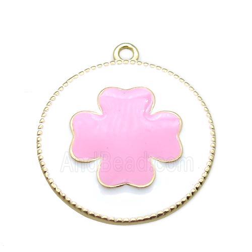 copper clover pendant with pink enameling, gold plated