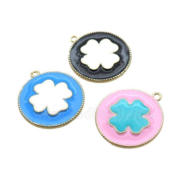 copper clover pendant with enameling, mixed color, gold plated