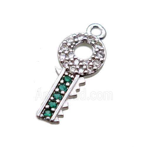 copper key pendant paved zircon, platinum plated