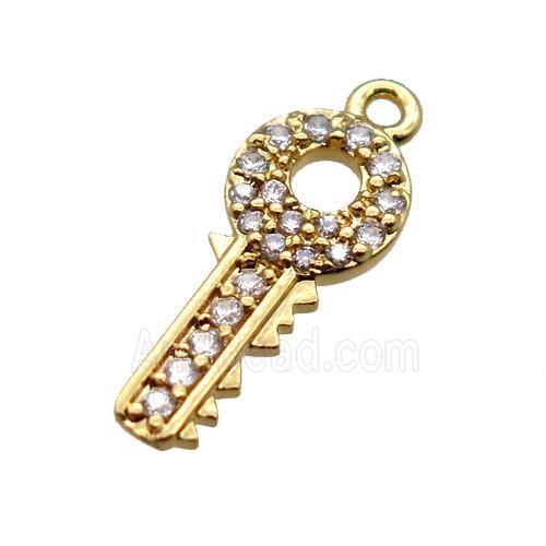 copper key pendant paved zircon, gold plated