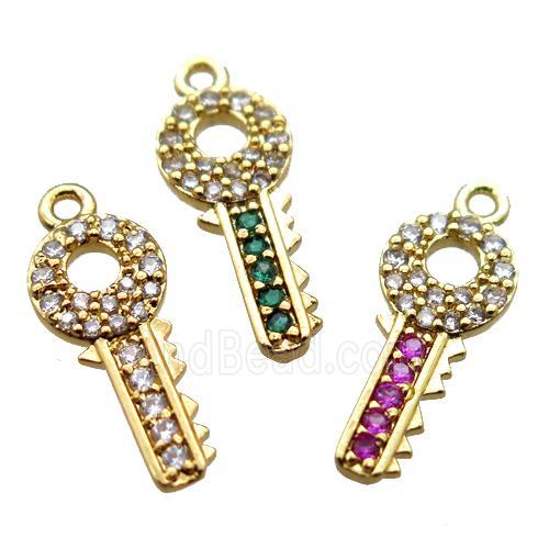 copper key pendant paved zircon, mix, gold plated