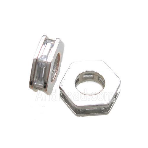 copper hexagon beads paved zircon, platinum plated