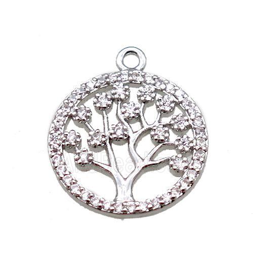 copper pendant paved zircon, tree of life, platinum plated