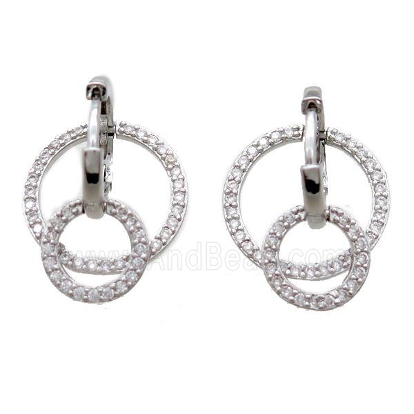 copper Hoop Earrings paved zircon, circle, platinum plated