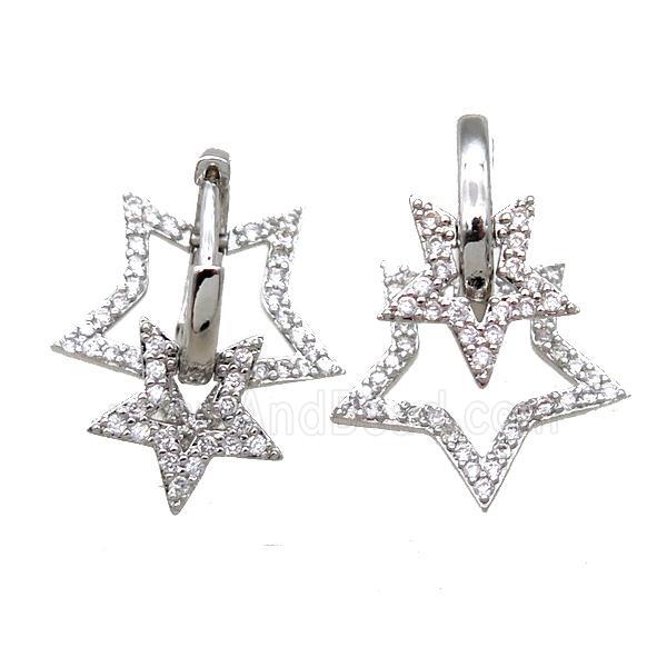 copper Hoop Earrings paved zircon, star, platinum plated