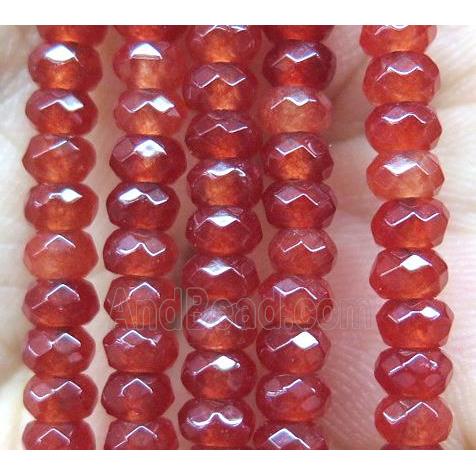 red jade bead, faceted rondelle