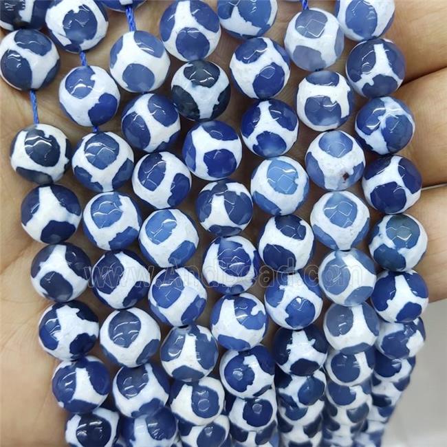 blue Tibetan Style Agate beads, faceted round, football